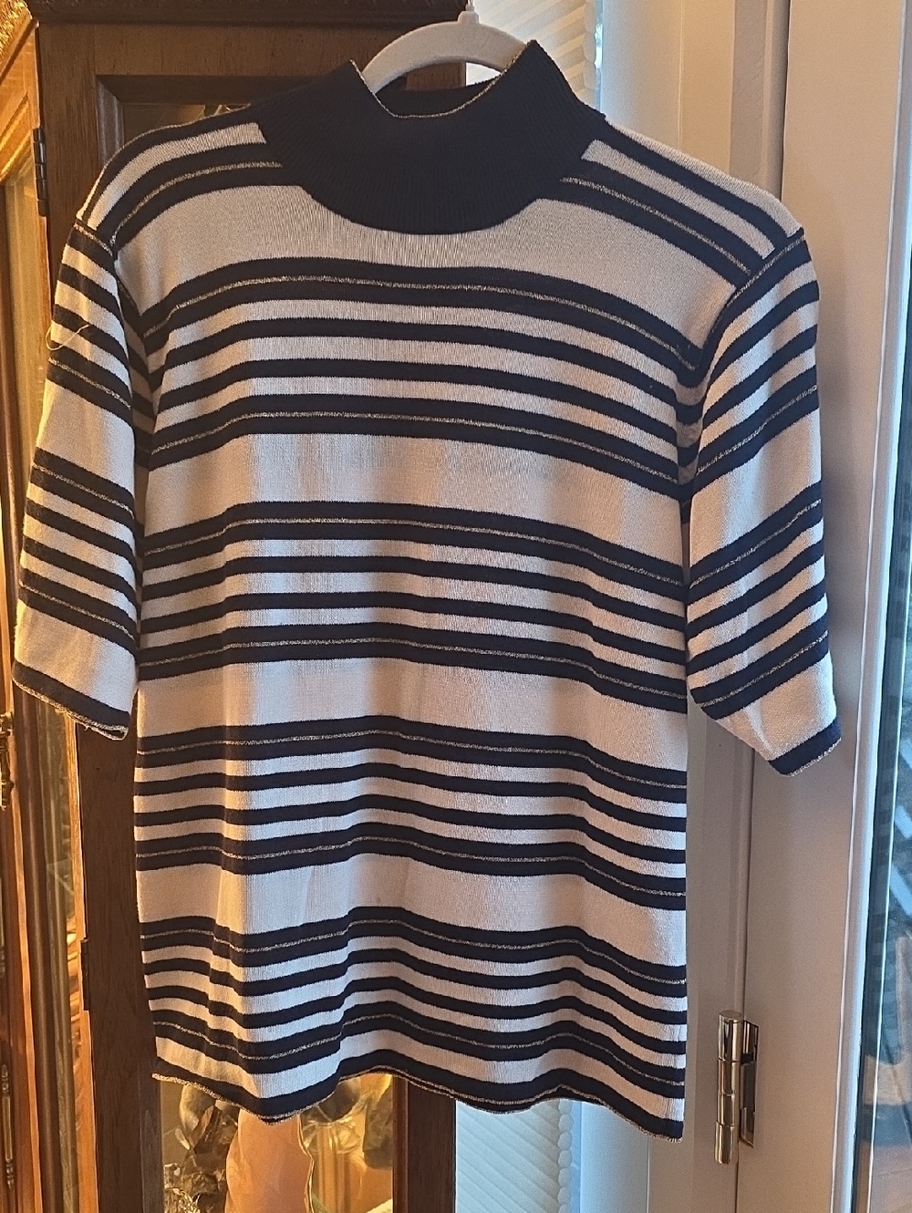 Vintage Casual Corner Navy and White Striped Short Sleeve Knit Top